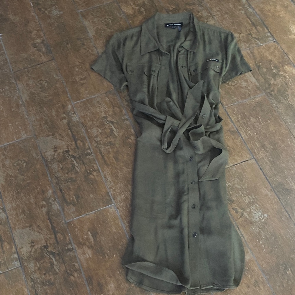 Olive Green Button-Up Shirt Dress-DKNY. Size small. Great condition. Viscose.